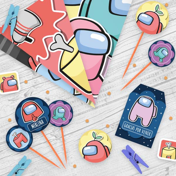 kit imprimible, kit digital, candy bar, ideas para fiestas infantiles, fiesta en casa, invitación, decoración de fiestas, papeles estampados, imprimibles, banderines, cake toppers, among us